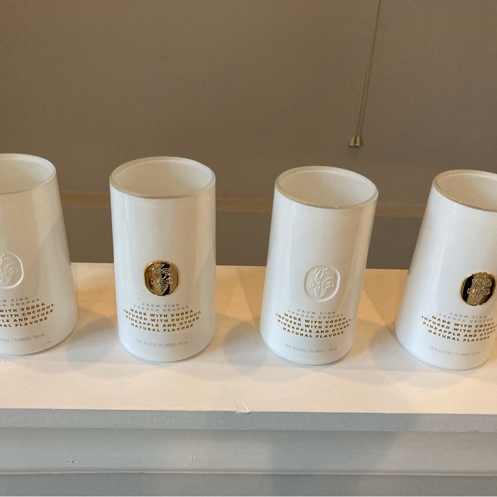 Set of (4) White Glass Tumblers with Gold Accent